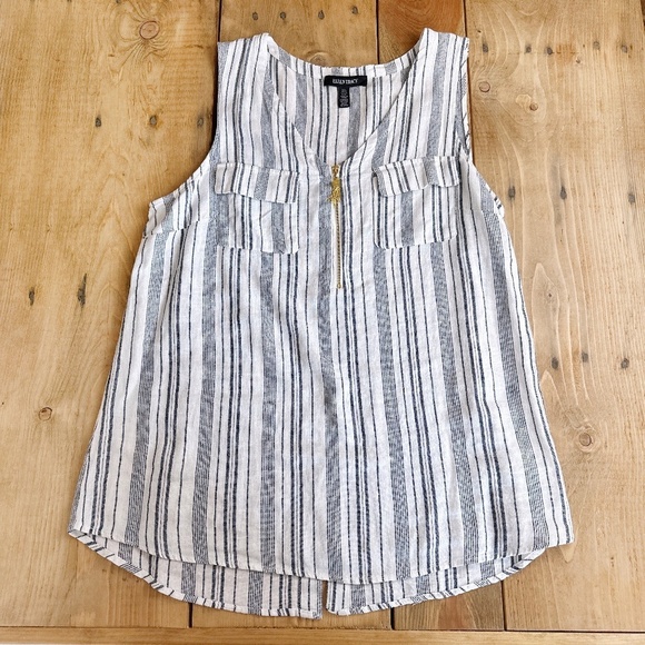 Ellen Tracy Linen Blend Top Sleeveless Stripes Gold Tassel L Blue White - Picture 5 of 7